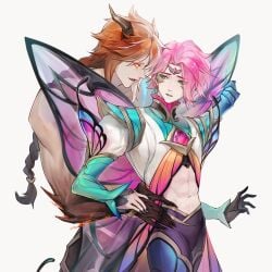 abs butterfly_wings chaos_and_order_series clothed clothing ezreal faerie_court_ezreal faerie_court_series femboy feminine_male gay hands_on_hip horns kayn league_of_legends long_hair male male/male muscular muscular_male nightbringer_kayn orange_hair pink_hair thick_thighs tight_clothing waist waist_grab wings yaoi