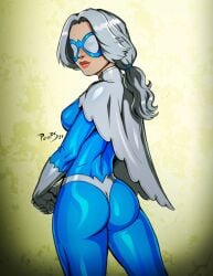 1girls absurd_res ass bodysuit costume dawn_granger dc dc_comics dove_(dc) eye_mask female female_only hawk_and_dove long_hair looking_at_viewer mask ponytail pumpkinsinclair smiling smiling_at_viewer solo white_hair