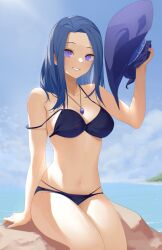 1girls adventurequest_worlds aqw aqworlds artix_entertainment battleon beach bikini blue_hair female jon_eve light-skinned_female long_hair looking_at_viewer medium_breasts purple_eyes smile solo sora_to_hoshi swimsuit witch_hat