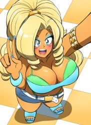 big_breasts bimbo bimbofication blonde_hair blue_eyes blush bra_cups_sticking_out breasts cleavage dark-skinned_female dark_skin gyaru hi_res kobi-tfs long_hair selfie thong