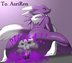 anthro asri_(asriren) asriren ass babyhunt4 bandai_namco big_butt black_sclera breasts digimon digimon_(species) digital_media_(artwork) dominant dominant_female duo facesitting fart fart_cloud fart_fetish farting_on_another farting_on_face female hi_res huge_butt looking_at_viewer looking_back looking_back_at_viewer mammal nude purple_body renamon renamon_(digimon) rona_(asriren) sitting_on_another size_difference tail thick_thighs