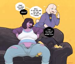 1boy 2girls anthro ass big_ass big_breasts blue_eyes brown_hair butt cumbread deltarune erection erection_under_clothes facesitting female female_on_human human human_on_anthro jeans kris_(deltarune) looking_back male milf open_mouth purple_body purple_skin reptile scalie sitting sitting_on_face sitting_on_person susie_(deltarune) text text_bubble thick_thighs thighs toriel undertale_(series) white_body white_fur wide_hips