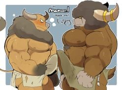 2boys anthro balls bara barazoku blush boner bouffalant bovid bovine buffalo bull erection furry gay horns hyaku_(artist) male male_only muscles muscular nintendo penis penis_size_difference penises_touching pokemon pokemon_(species) tauros towel towel_around_waist