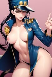 1girls ai_generated artist_request black_hair breasts breasts_out female female_jotaro front_view hat human jojo's_bizarre_adventure jotaro_kujo light-skinned_female light_skin long_hair medium_breasts no_pants pose rule_63 shounen_jump stardust_crusaders