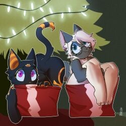 anthro ass cafune_(sickbelle) christmas domestic_cat duo eyewear felid feline felis female gift glasses hi_res holidays lights looking_at_viewer mammal paws plant propy_(isopropyl7915) sickbelle tree wearing_glasses