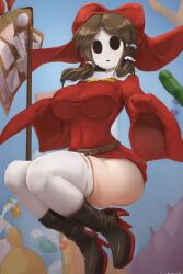 ai_generated brainwashing brown_hair busty crossover female high_heel_boots high_heels hoodie huge_ass implied_transformation large_breasts mario_(series) mask nintendo npg8993 post_transformation reimu_hakurei shy_gal shy_guy_mask shygalization solo solo_female thick_thighs thighhighs touhou transformation wide_hips