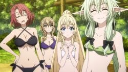 4girls bikini cleavage cow_girl_(goblin_slayer) elf elf_ears eyes_closed female female_only goblin_slayer group guild_girl_(goblin_slayer) high_elf_archer_(goblin_slayer) human long_hair low_cut_panties multiple_girls official_art priestess_(goblin_slayer) screenshot short_hair smile smiling swimsuit swimwear