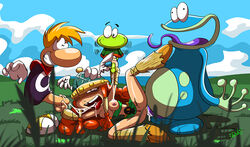 1girls 3boys anal artist_request barbara_(rayman) barbarian belt clothing female footwear globox group_sex handwear headgear helmet human interspecies male murfy orgy outdoors rayman rayman_(series) red_hair sex tagme