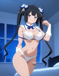 ai_generated altnerd artist_logo artist_name bangs bed bedroom big_breasts black_hair blue_eyes blue_ribbon blush cowboy_shot hestia_(danmachi) night parted_lips patreon_logo patreon_url patreon_username ribbons slim_waist thick_thighs twintails watermark white_bra white_gloves white_panties wide_hips window