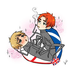 2boys arthur_kirkland axis_powers_hetalia beetle blonde_hair england_(hetalia) english_flag green_eyes male male_only original_character red_hair roses scotland_(hetalia) scottish_flag short_hair smoking union_jack yaoi