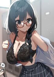 1girls 2girls black_bra bow bow_bra bra braid breasts chibi cleavage clothing female glasses holding_shirt lace-trimmed_bra large_breasts lingerie long_hair looking_to_the_side love_live! love_live!_nijigasaki_high_school_idol_club nakagawa_nana nijigasaki_student_council_vice_president open_shirt sasanon_(sasapoliton) shirt skirt smile underwear undressing white_shirt