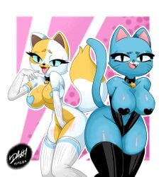 2girls adventure_time anthro anthro_only big_breasts cake_the_cat cartoon_network catgirl crossover danny12 female female_only fionna_and_cake multiple_girls nicole_watterson pasties the_amazing_world_of_gumball thick_thighs