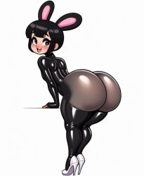 ai_generated big_ass black_eyebrows black_hair blush bunny_ears cute ear eyebrows femboy full_body hands happy heels latex latex_thighhighs pantyhose simple_background thick_thighs white_heels