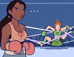 2girls boxing boxing_gloves boxing_match boxing_ring crossover dark-skinned_female dark_skin duo female female_focus female_only fighting_ring gloves green_boxing_gloves green_gloves human light-skinned_female light_skin lilo_and_stitch nani_pelekai netto-painter questioning sam_(totally_spies) totally_spies