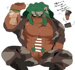 balls bara blush boner disembodied_hand erection gay gijinka hyaku_(artist) male male_only muscles muscular nintendo open_clothes penis pokemon rillaboom sitting solo solo_male