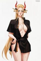 ai_generated beast_pirates big_breasts black_maria blonde_hair blue_eyes breasts cleavage earrings female female_only geisha horns large_breasts nihongami oiran one_piece prixmal sweat sweatdrop sweating wano_country wet wet_body wet_skin