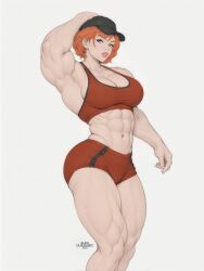 1girls abs alexcherubic big_breasts bimbo blue_eyes breasts cap clothing extreme_muscles female female_only muscle muscles muscular muscular_female orange_hair original short_hair sketch