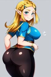 ai_generated arms_at_sides big_ass big_breasts blush breath_of_the_wild busty covered_nipples curvy elf_ears female female_only from_behind hi_res highres nintendo pantyhose perky_breasts pointy_ears princess_zelda seraphim_ai side_view simple_background smile solo spandex stable_diffusion the_legend_of_zelda tights zelda_(breath_of_the_wild)