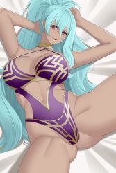 1girls alternate_costume aslindsamure ass_visible_through_thighs bare_thighs blue_hair breasts cleavage female female_only fire_emblem fire_emblem_heroes large_breasts light_blue_hair looking_at_viewer nidhoggr_(fire_emblem) nintendo on_back one-piece_swimsuit pink_eyes ponytail purple_one-piece_swimsuit purple_swimsuit solo spread_legs swimsuit thighs