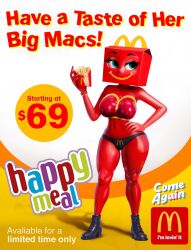 2023 ai_generated animal_humanoid anthro bell big_mac blue_eyes bra comeagainai female furry happy_meal humanoid large_breasts leather_boots mcdonald's meme panties red_body red_skin solo solo_female stable_diffusion thick_thighs