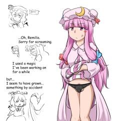 1futa balls bangs breasts clothed clothing dialogue dickgirl english_text female female_to_futa futa_focus futanari futanari_transformation human light-skinned_futanari light_skin long_hair panties partially_clothed patchouli_knowledge penis pink_hair pubic_hair remilia_scarlet solo_focus standing sukedai text thick_thighs touhou