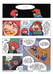 1boy 1girls big_eyes brown_hair coat comic_page crying crying_laughing dialogue english_text female freckles fully_clothed kim_pine laugh laughing male miniskirt orange_hair preka red_hair scarf scott_pilgrim scott_w_pilgrim short_hair speech_bubble tears_of_rage