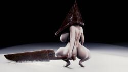 1girls 3d 3d_(artwork) ass barefoot big_ass big_breasts blade breasts completely_nude completely_nude_female female female_only female_pyramid_head full_body holding_weapon naked naked_female nude nude_female pyramid_head rear_view rule_63 shairo sideboob silent_hill solo solo_female squatting weapon