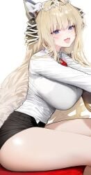 :3 blonde_hair blouse blue_eyes breast clothed crown_(nikke) female female_only fully_clothed goddess_of_victory:_nikke long_hair mochirong non-nude open_mouth shirt shorts sitting tiara tight_clothing