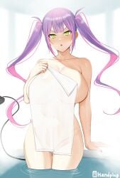 1girls artist_name bangs bathhouse big_breasts blunt_bangs breasts demon_girl demon_tail english english_text female green_eyes handplug hi_res hololive hololive_japan huge_breasts large_breasts light-skinned_female light_skin long_hair naughty_face pink_hair purple_hair purple_nail_polish purple_nails sideboob sidelocks small_towel streaked_hair succubus thick_thighs tokoyami_towa towel towel_only twintails twintails_(hairstyle) two_tone_hair virtual_youtuber wide_hips