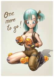 1girls bandaid blue_eyes blue_hair blush breasts bulma_briefs busty cleavage dominicabra dragon_ball dragon_ball_(classic) dragon_ball_(object) female female_only green_hair hand_bra hourglass_figure human knife side_ponytail solo teenager topless voluptuous wild_rider_suit