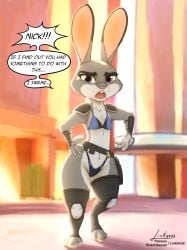 absurd_res anthro bikini breasts camel_toe clothed clothing digital_media_(artwork) disney english_text female fur grey_body grey_fur hi_res judy_hopps lagomorph leporid link6432 mammal police police_uniform rabbit solo swimwear tail text thick_thighs uniform zootopia