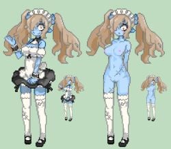 blush breasts completely_nude completely_nude_female disgaea disgaea_5 green_background keykey117117 maid maid_(disgaea) maid_headdress maid_uniform nippon_ichi_software pixel_art pussy zombie zombie_girl zoom_layer