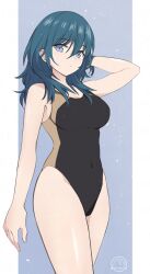 1girls alternate_costume black_one-piece_swimsuit black_swimsuit blue_background blue_eyes breasts byleth_(female)_(fire_emblem) byleth_(fire_emblem) cleavage competition_swimsuit covered_navel female female female_only fire_emblem fire_emblem:_three_houses grey_eyes highleg highleg_swimsuit highres komurice medium_breasts medium_hair nintendo one-piece_swimsuit solo standing swimsuit teal_hair