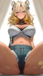 1girls blonde_hair blush blush blush_lines blushing_at_viewer cat_ears catgirl curly_hair denim denim_shorts female female_focus female_only genshin_impact green_eyes hotpants large_breasts looking_at_viewer looking_down medium_hair spread_legs spreading tagme tan_body tan_skin vitaminechan xilonen_(genshin_impact)