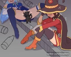 2girls aqua_(konosuba) black_stockings blue_hair chomusuke clothed clothed_female cunnilingus dark_hair drunk female high_heel_boots itzcoatl kono_subarashii_sekai_ni_shukufuku_wo! light-skinned_female long_hair megumin miniskirt multiple_girls public short_hair skirt sleeping spread_legs stockings zoophilia