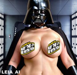 1girls ai_generated big_breasts black_cape black_headwear black_helmet breasts cape censored censored_breasts censored_nipples darth_vader death_star genderswap_(mtf) gloves hallway headgear helmet indoors leia_ai light-skinned_female light_skin mask navel nude nude_female nudity partially_clothed realistic rule_63 sith solo solo_female solo_focus star_destroyer star_wars star_wars_day