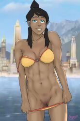 1girls abs athletic_female avatar_legends avatar_the_last_airbender belly_button bra city_background dark_skin exhibitionism female fit_female korra looking_at_viewer medium_breasts muscular_female muscular_thighs navel panties ponytail pussy shaved_pussy six_pack smile smiling smiling_at_viewer standing stripes the_avatar the_legend_of_korra undrsydr water_tribe