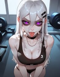 1girls ai_generated artstyle_imitation ass black_sports_bra breasts choker cute cute_face eyelashes eyeshadow from_below goth goth_girl goth_slut gothic gym gym_clothes gym_shorts gym_uniform hair_between_eyes looking_at_viewer medium_breasts messy_hair naughty naughty_face naughty_smile needy poizie pov_eye_contact purple_eyes seductive seductive_look slut slutty_clothing slutty_outfit smile smiling smug smug_face sports sports_bra sports_panties sportswear standing sweaty synthetic_poison thiccwithaq_(ai_style) thick_ass thick_legs thick_lips thick_thighs thighs tongue_out very_long_hair white_hair white_skin