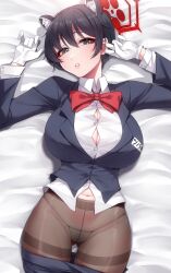 allied_hyakkiyako_academy_student animal_ears arms_up blue_archive button_gap character_name huge_breasts inner_discipline_club_(blue_archive) japanese_text lying_on_bed name_tag panties_under_pantyhose pantyhose seductive_look text thick_thighs tsubaki_(blue_archive) tsubaki_(guide)_(blue_archive) very_short_hair wide_hips