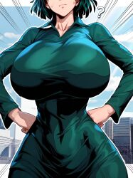 ai_generated breast_focus breasts_bigger_than_head city city_background confused flaunting fubuki_(one-punch_man) gravity_defying_breasts green_dress green_eyes green_hair hands_on_hips head_out_of_frame huge_breasts impossible_clothes impossible_dress massive_breasts narrow_waist one-punch_man pose question_mark round_breasts short_hair skinny skintight_clothing sweatdrop thin_waist tight_clothing tight_dress wide_hips