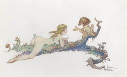 1boy 1girls areolae ass blonde_hair breasts casual_nudity dwarf dwarf_male flaccid flower_crown frank_frazetta lying_on_stomach mushroom nipples nude nude_female nude_male penis small tree_branch white_background