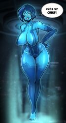 2d 2d_(artwork) big_breasts blue_body blue_skin bob_cut busty cortana curvaceous curvy curvy_body curvy_female curvy_figure dialogue digital_drawing_(artwork) drawn full_body halo_(series) hand_on_hip high_resolution highres looking_at_viewer pov smile smiling smiling_at_viewer talking_to_viewer thick thick_thighs wide_hips zzvinniezz