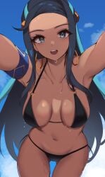 :d aqua_hair ass_visible_through_thighs bikini black_bikini black_hair blue_eyes breasts breasts_apart dark-skinned_female dark_skin earrings female haneramu highres hoop_earrings jewelry large_breasts leaning_forward long_hair looking_at_viewer multicolored_hair navel nessa_(pokemon) pokemon pokemon_swsh smile solo swimsuit two-tone_hair wet