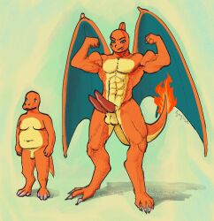 bara charizard charmander chubby dick fire gay huge_cock male muscular paws pokemon pokemon_(species) pokemon_evolution size_difference transformation wings