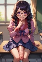 1futa ai_generated babski326 bakemonogatari balls bangs black_hair black_socks blue_skirt blush braid breasts classroom desk finger_to_mouth flaccid foreskin futa_only futanari hair hair_ornament hairclip hanekawa_tsubasa huge_cock indoors juliet_sleeves kizumonogatari kneehighs large_breasts long_hair long_sleeves looking_at_viewer monogatari_(series) naoetsu_high_school_uniform on_desk penis pink_shirt pleated_skirt precum puffy_sleeves purple_eyes purple_glans school_desk school_uniform shirt shushing sitting skirt smile socks solo testicles twin_braids vein veiny veiny_penis window