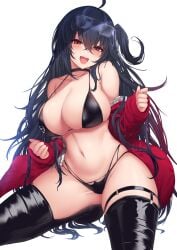 1girls 2024 anime anime_style azur_lane big_breasts black_bikini black_bra black_hair black_legwear black_panties black_thighhighs female glasses glasses_on_head huge_breasts kyou large_breasts light-skinned_female long_hair looking_at_viewer open_mouth pixiv pixiv_link red_eyes red_jacket solo taihou_(azur_lane) taihou_(enraptured_companion)_(azur_lane) thick thick_thighs thong tiny_bikini white_background wide_hips