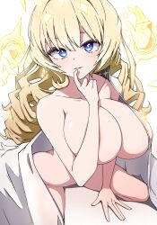 areola_slip arm_between_legs arm_support blush blush_lines crown_(naked_king)_(nikke) crown_(nikke) finger_on_lip gigantic_breasts goddess_of_victory:_nikke hand_between_legs high-angle_view huge_breasts seductive seductive_eyes seductive_look seductive_smile shiny_skin sitting squished_breasts wariza yoonsun