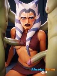 1girls 2boys 2boys1girl ahsoka_gram ahsoka_tano ai_generated blue_eyes clone_wars_(style) female imminent_rape imminent_sex orc orc_male orcs rape semi_realistic star_wars the_clone_wars:_season_seven