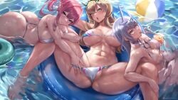 3girls abs ass baobhan_sith_(fate) barghest_(gawain)_(fate) blonde_hair breast_size_difference breasts fate/grand_order fate_(series) female height_difference hi_res large_ass large_breasts long_hair melusine_(fate) muscular muscular_female petite petite_body petite_female queasy_s red_hair small_breasts white_hair