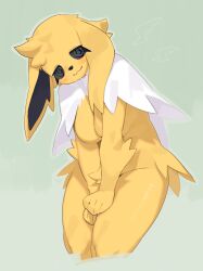 1girls 2024 5_fingers @_@ anthro anthro_only black_sclera blush breasts eeveelution featureless_breasts female female_only fingers fur generation_1_pokemon green_background hi_res jolteon kame_3 looking_at_viewer neck_tuft nintendo nude pokemon pokemon_(species) simple_background smiling smiling_at_viewer solo spiral_eyes standing tuft yellow_body yellow_fur